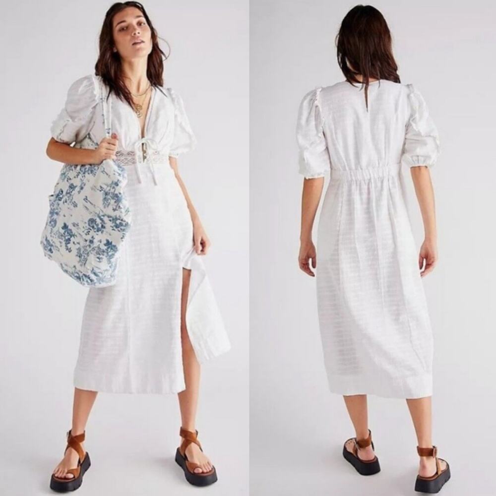 Free People‎ Slow Pace Puff Sleeve Tie Front Midi Dress White Sz M Boho Coquette
